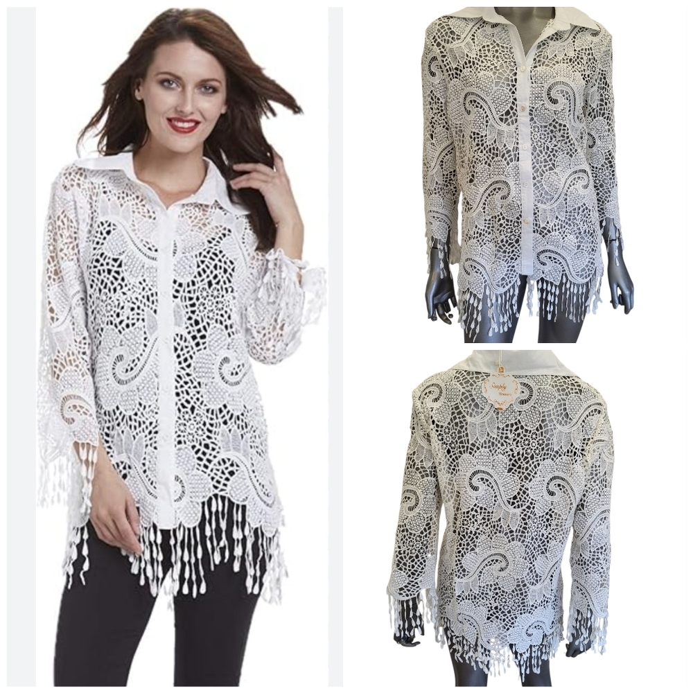 NWT 158B. Simply Couture White Crocheted Lace Blouse/Shacket - Size XL